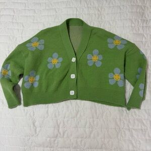 Smiley Daisy Green Cardigan Sweater